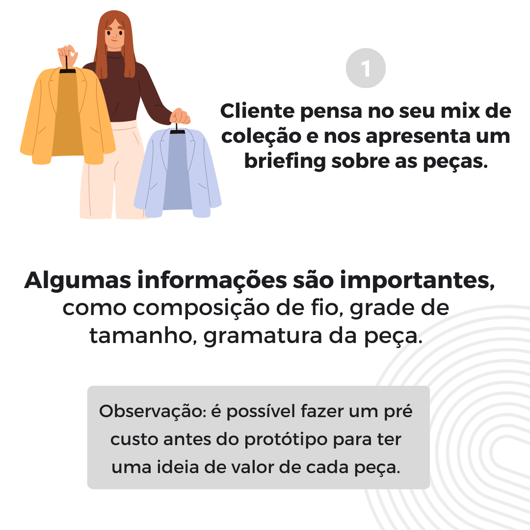 Algumas informações são importantes, como composição de fio, grade de tamanho, gramatura da peça. Observação é possível fazer um pré custo antes do protótipo para ter uma ideia de valor de cada peça. (1).png